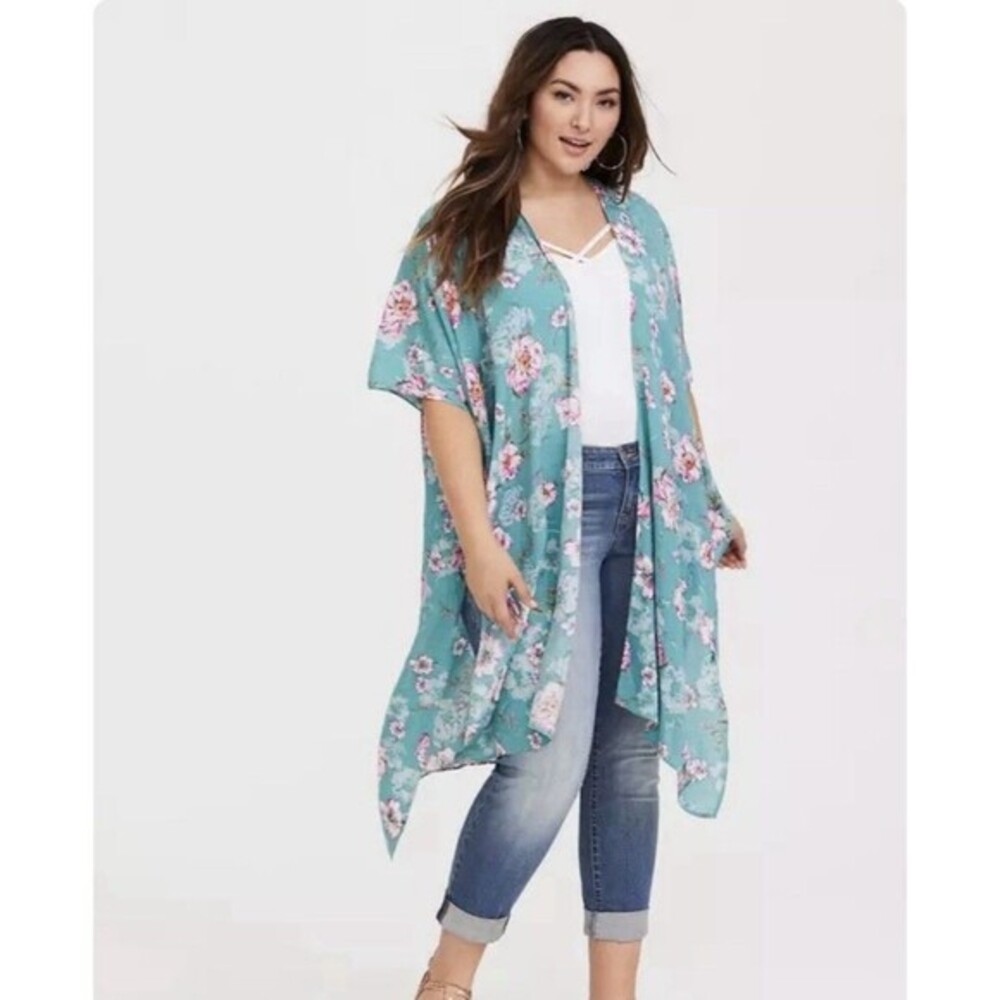 TORRID Gauze‎ Duster Kimono Teal Floral One Size Long Boho Hippie Cottagecore